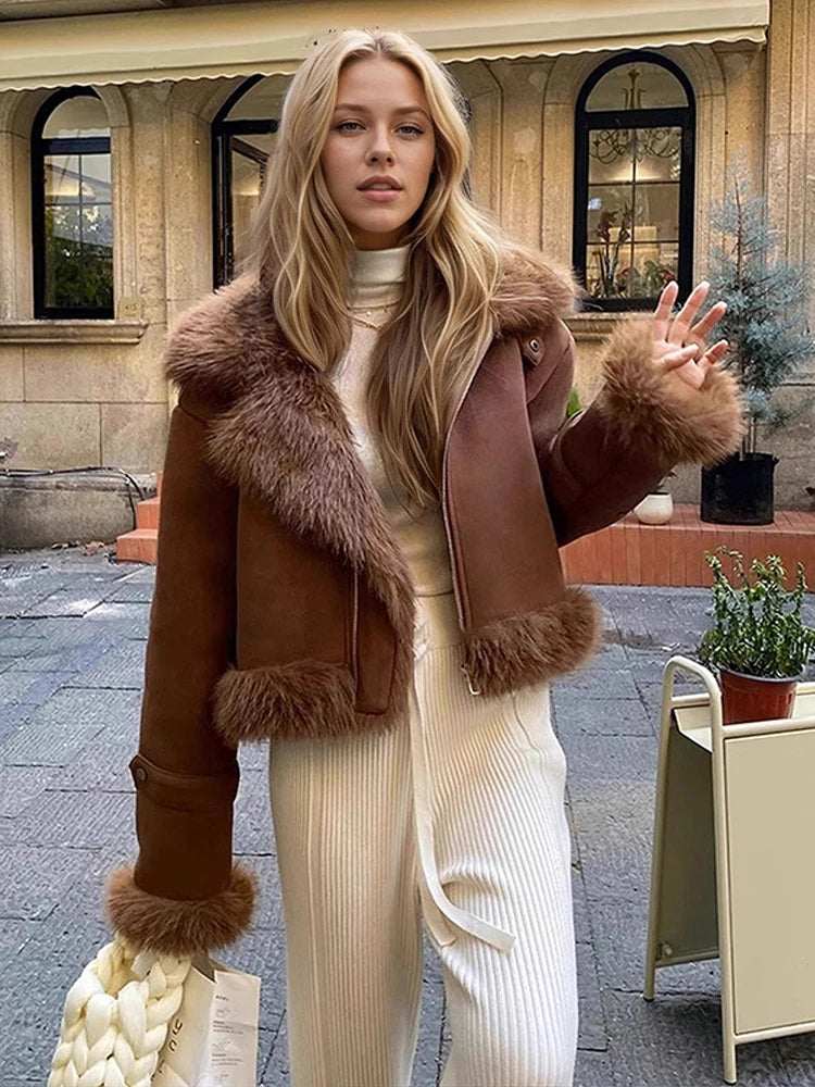 Urban Faux Fur Patchwork Women Thicken Jacket Solid Lapel Long Sleeve Female Outwear 2026 Autumn Winter All-match Lady Outfit