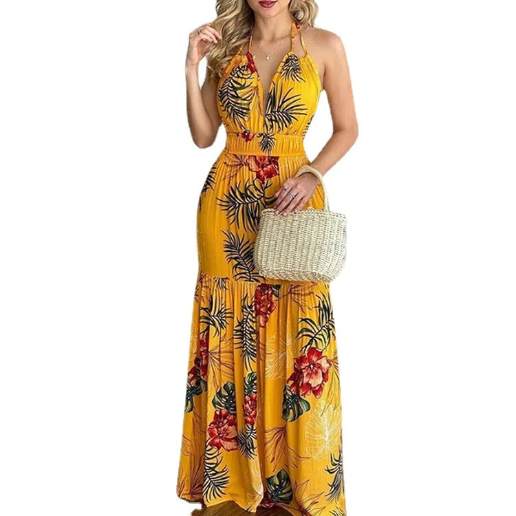Floral Maxi Dress Long Backless Summer Elegant Gown for Women Vacation Beach Wedding Guest Outfit Flowy Evening Party Skirt
