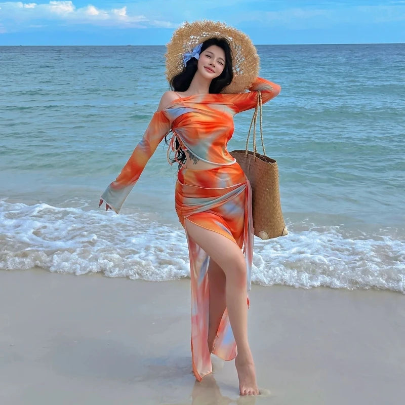 Tie Dye Print Bathing Suit Women 2 Piece Swimwear High Waisted Bikini with Long Skirt Cover Up