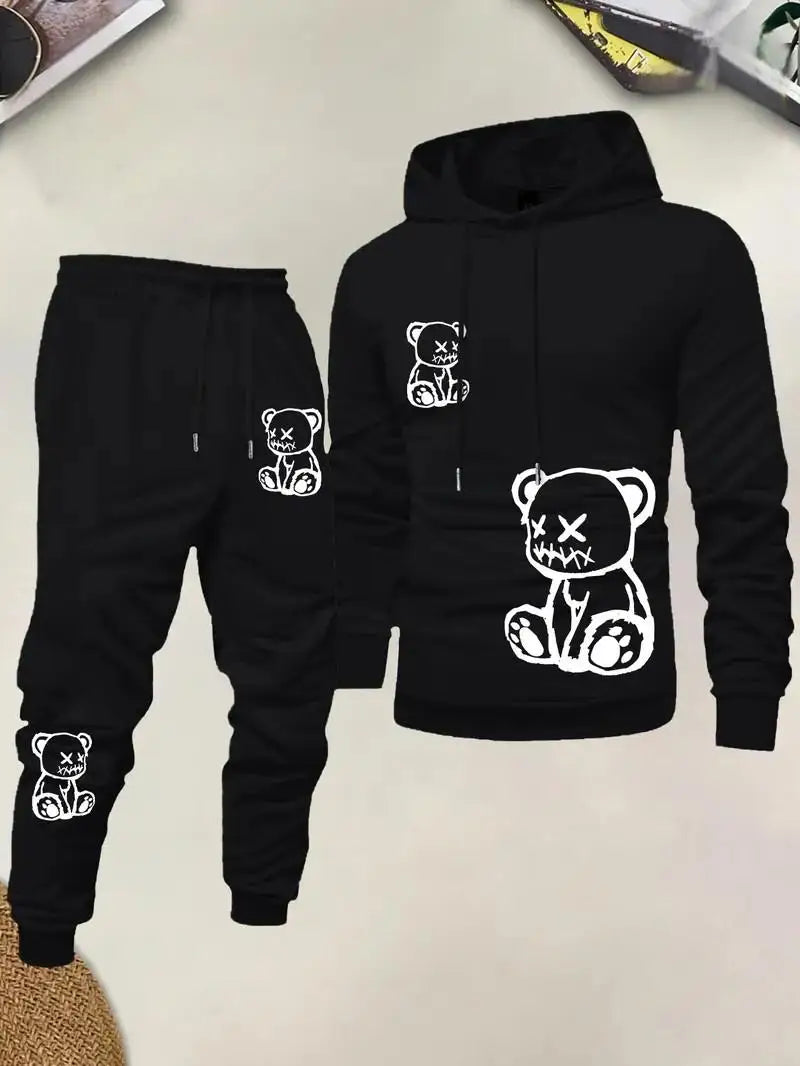 New Style Street Casual Fashion Comfortable Soft 3D Bear Pattern Printed Men's Hooded Sweatshirt Set