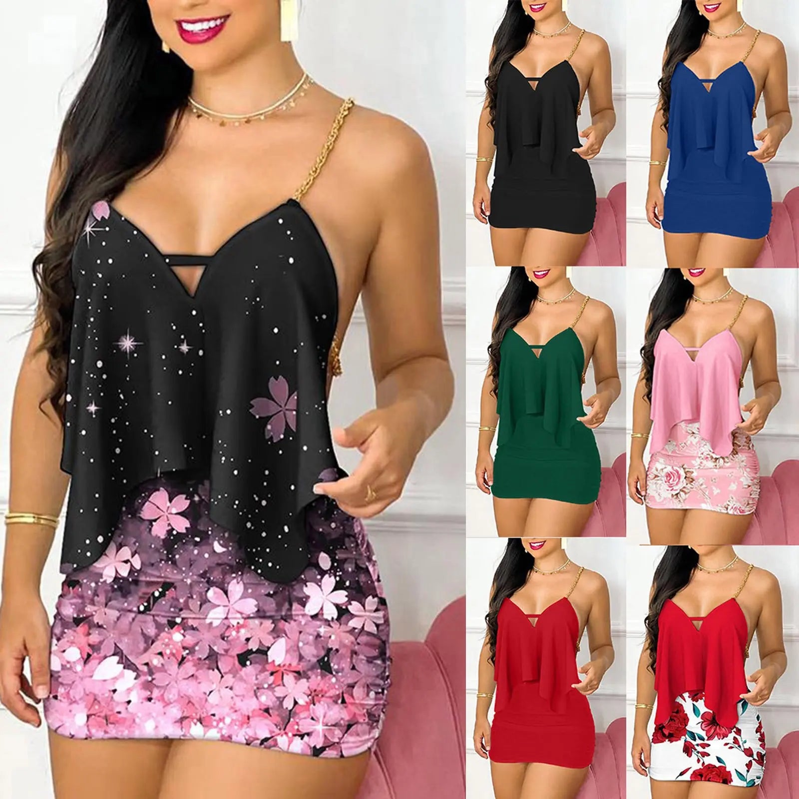 Womens Dresses Summer Fashion Floral Print Asymmetrical Chain Strap Sexy Backless V-Neck Sleeveless Bodycon Mini Dress Sets 2025