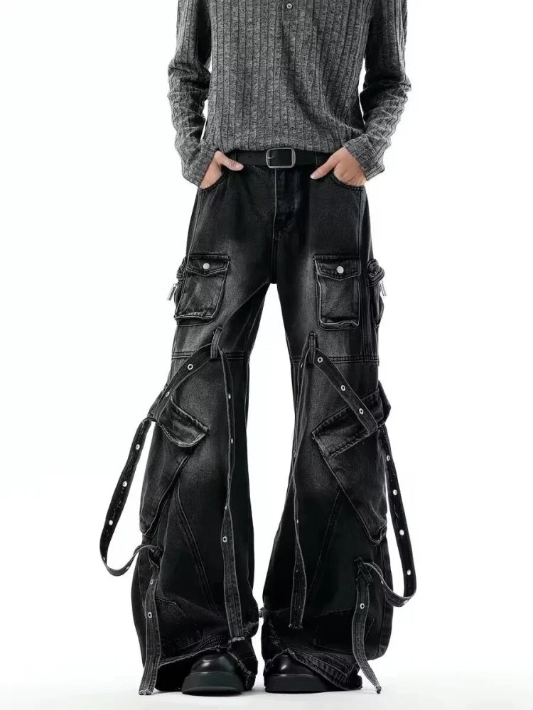 Punk Y2K Style Multi Pockets Washed Black Baggy Cargo Jeans Pants For Men Clothing Wide Leg New Rock Luxury Long Trousers