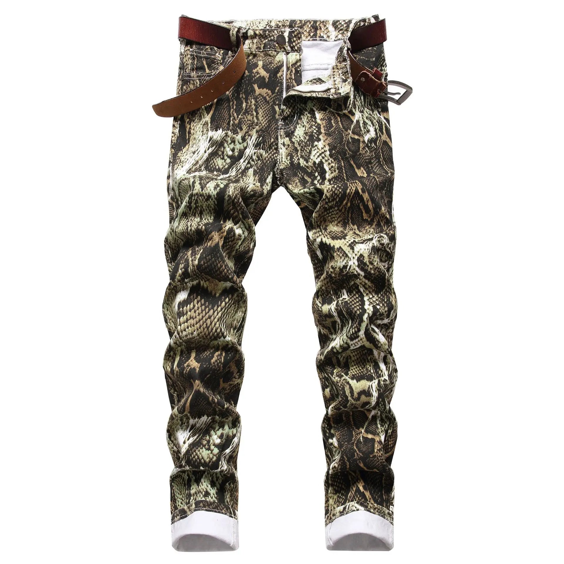 Men Printed Snakeskin Pencil Pants Slim Fit Colored Stretch Mid Waist Washed Denim Ankle Length Trousers