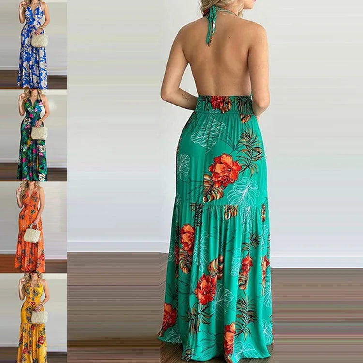 Floral Maxi Dress Long Backless Summer Elegant Gown for Women Vacation Beach Wedding Guest Outfit Flowy Evening Party Skirt