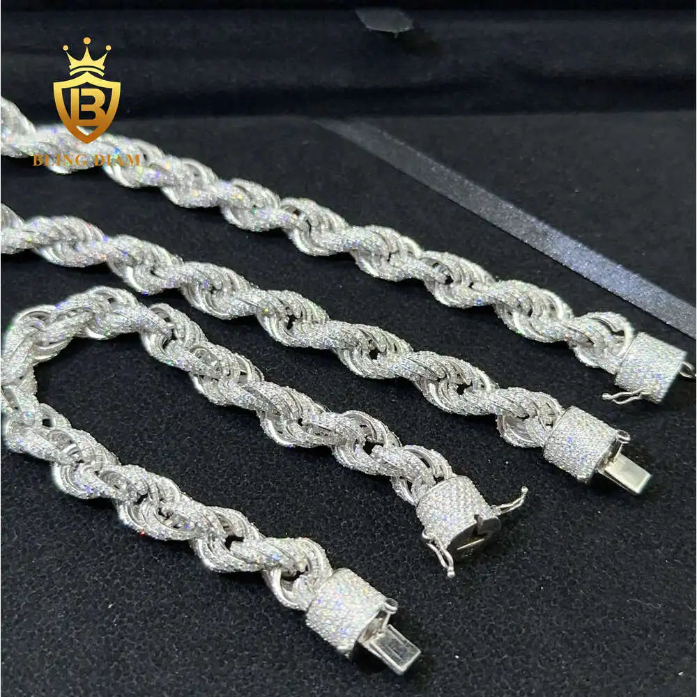 .925 Strerling Silver Iced Out 10mm Rope Chain