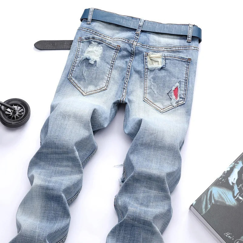 Men's Personalized Ripped Jeans Light Blue Streetwear Stretch Straight Slim Fit Casual Motorcycle Denim Trousers Male