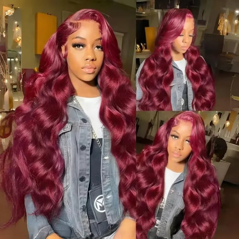 20in-40in Burgundy Red 34 Inch Body Wave Lace Front Wig