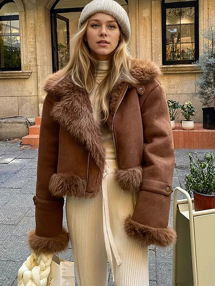 Urban Faux Fur Patchwork Women Thicken Jacket Solid Lapel Long Sleeve Female Outwear 2026 Autumn Winter All-match Lady Outfit