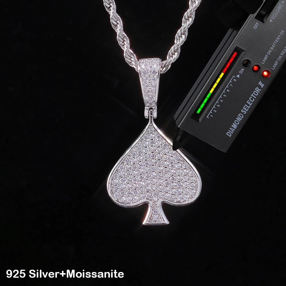 Iced Out VVVS Moissanite Ace Spade Pendant 925 Sterling Silver Poker Sign Charm Pendant