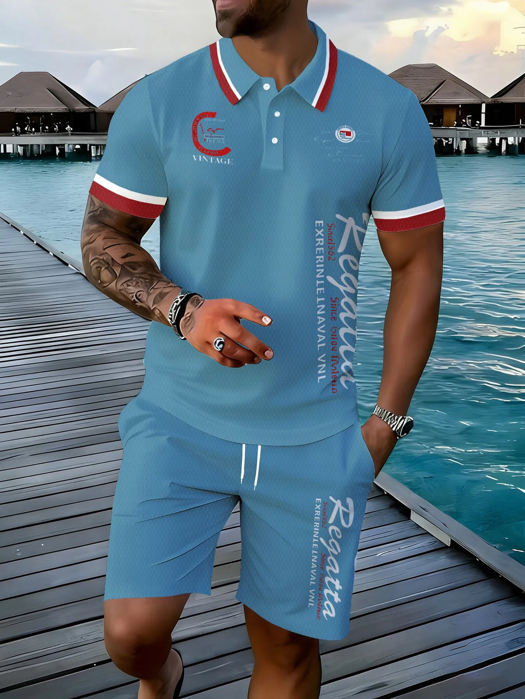 2026 Summer New Men's Polo Shirt Set - Street Casual Fashion Comfortable Soft Breathable Lightweight 3D Letter Pattern Print