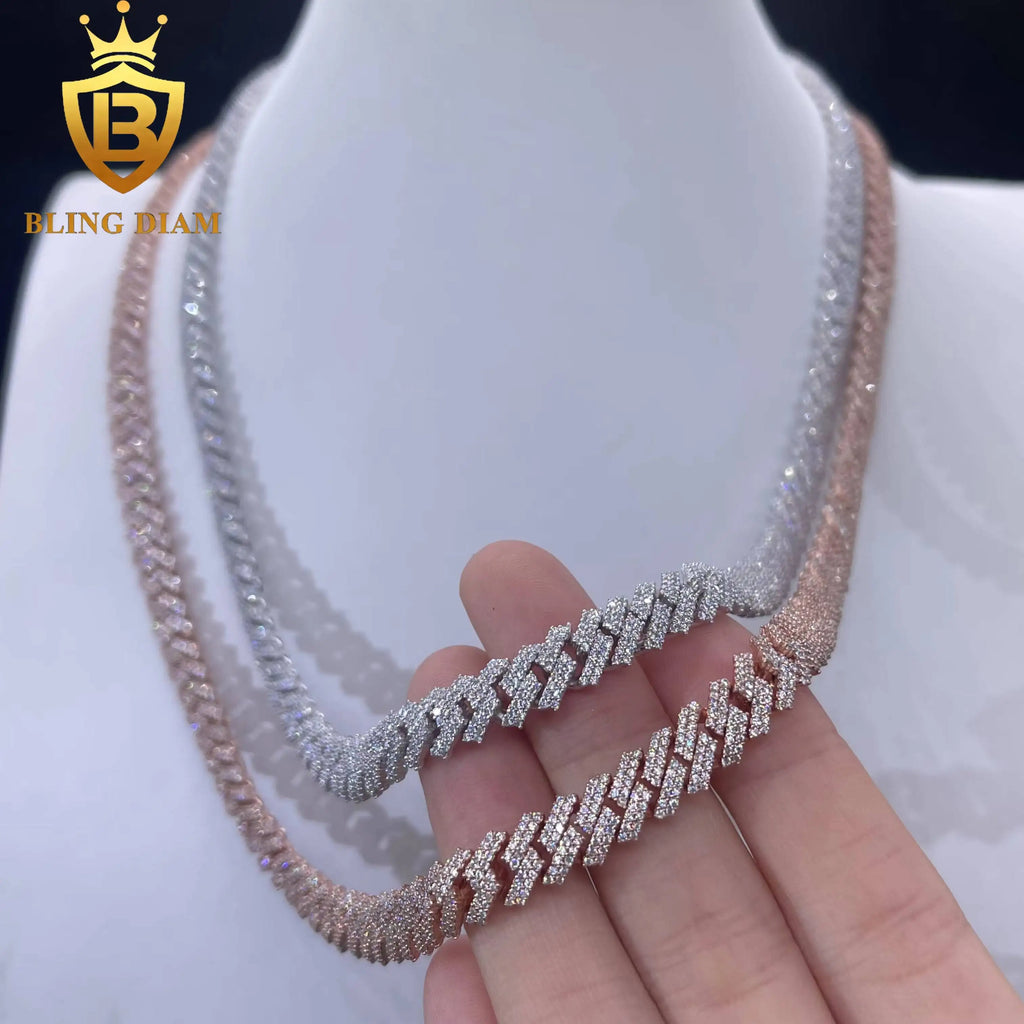 8mm  2 Rows Moissanite Miami Rose Gold Cuban Link Chain 925 Sterling Silver Necklace