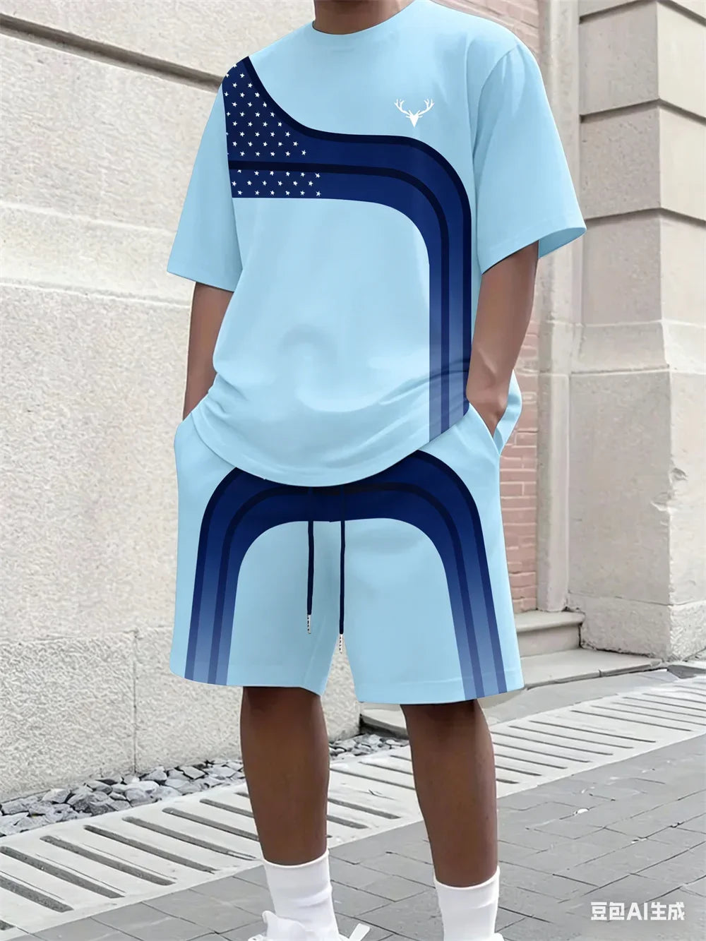 Men's Stripe Print Comfortable Breathable Round Neck T-shirt Shorts Set Outdoor High Street Clothing T-shirt Sets