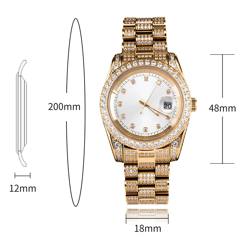 Rolex Style  Date Quartz Watch Waterproof Watches Iced  Out Stone Paved Bling Iced Out Stainless Steel Watch for Men Charm Jewelry