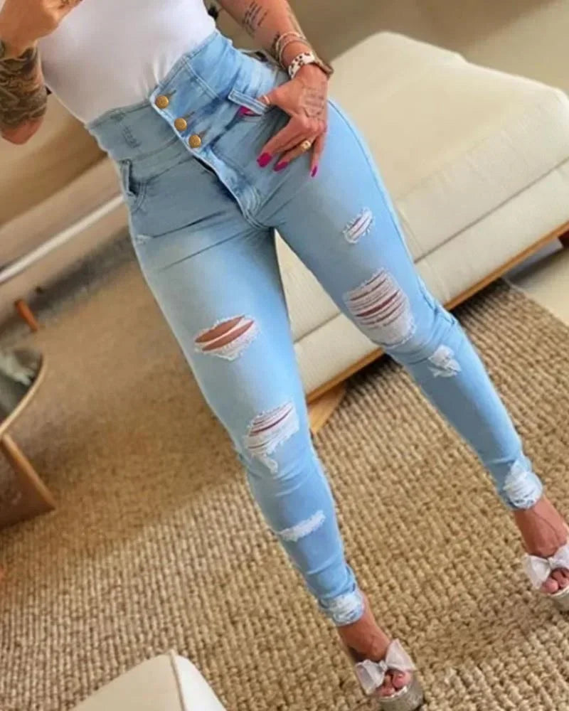 Women Jeans Distressed Denim Pencil Pants