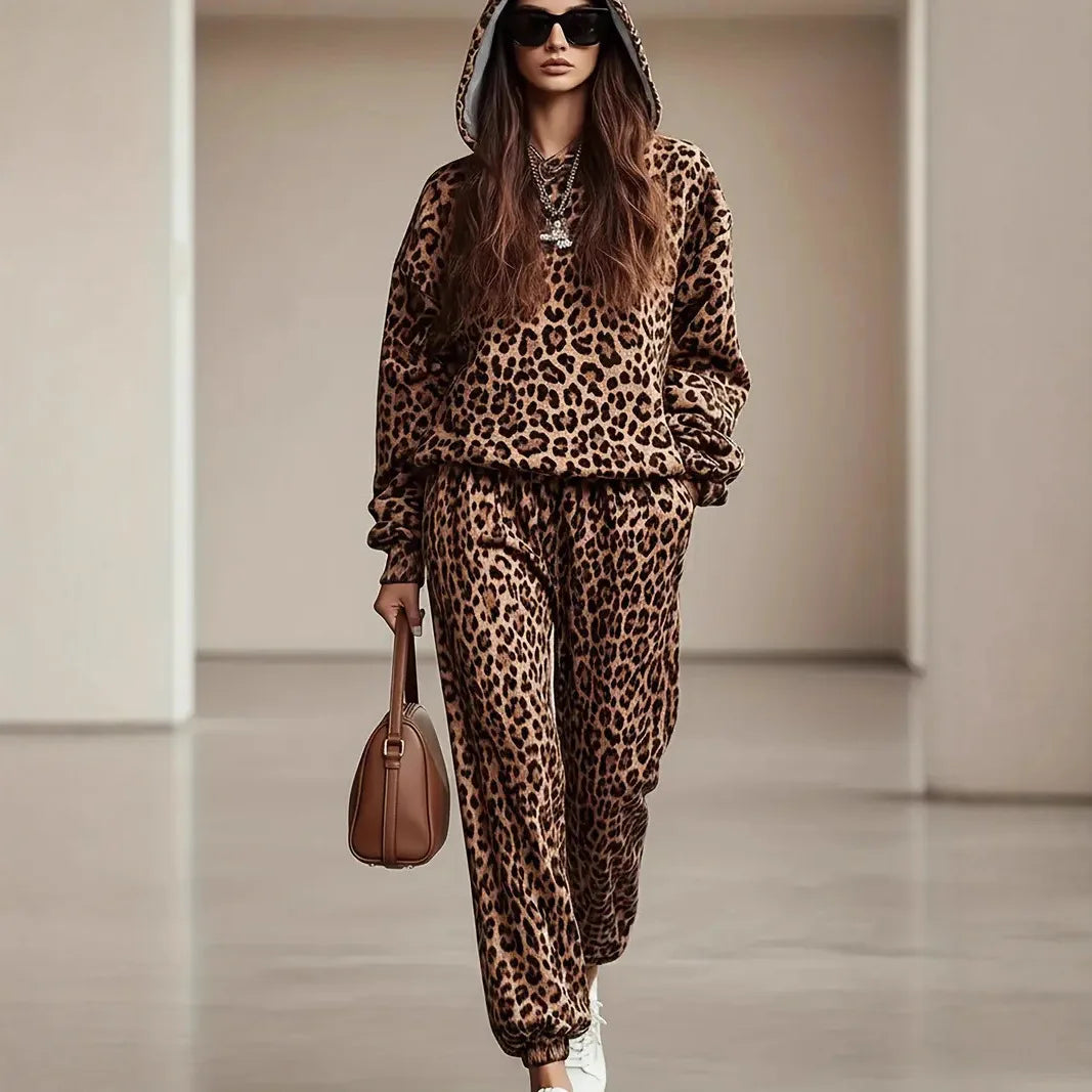 Casual Leopard Print Two-Piece Set Long Sleeve Cuffed Pants Fashionable Autumn Spring Collection Street Style Polyester