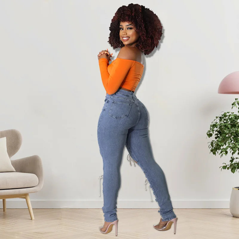 Street Personality Corns Rope Sexy High-wasit Jeans. Ladies Summer Fashion Comfortable Casual Washed Denim Small Leg Pants Women