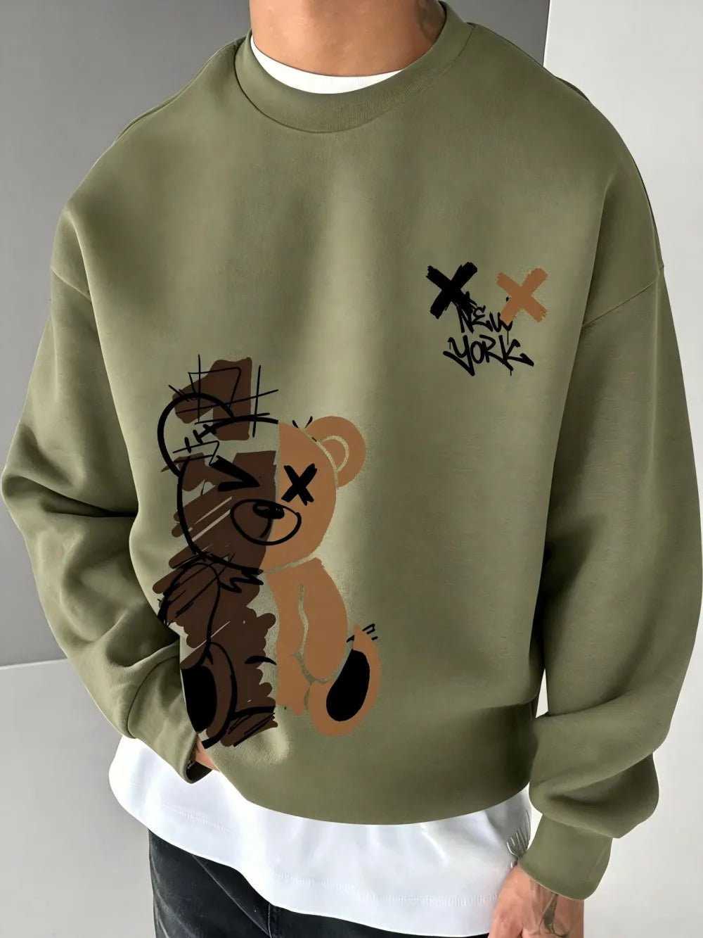 American men's autumn spliced teddy bear letter print soft and comfortable round neck long sleeved T-shirt outdoor casual top