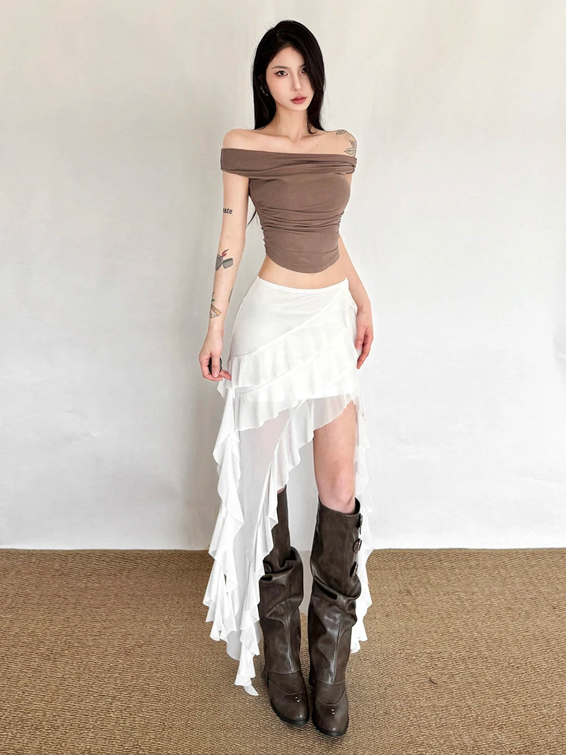 Sisjuly Millennium Spicy Girl Net Splicing Design Irregular Half Skirt Women's Fashion Urban Commute Breathable Polyester