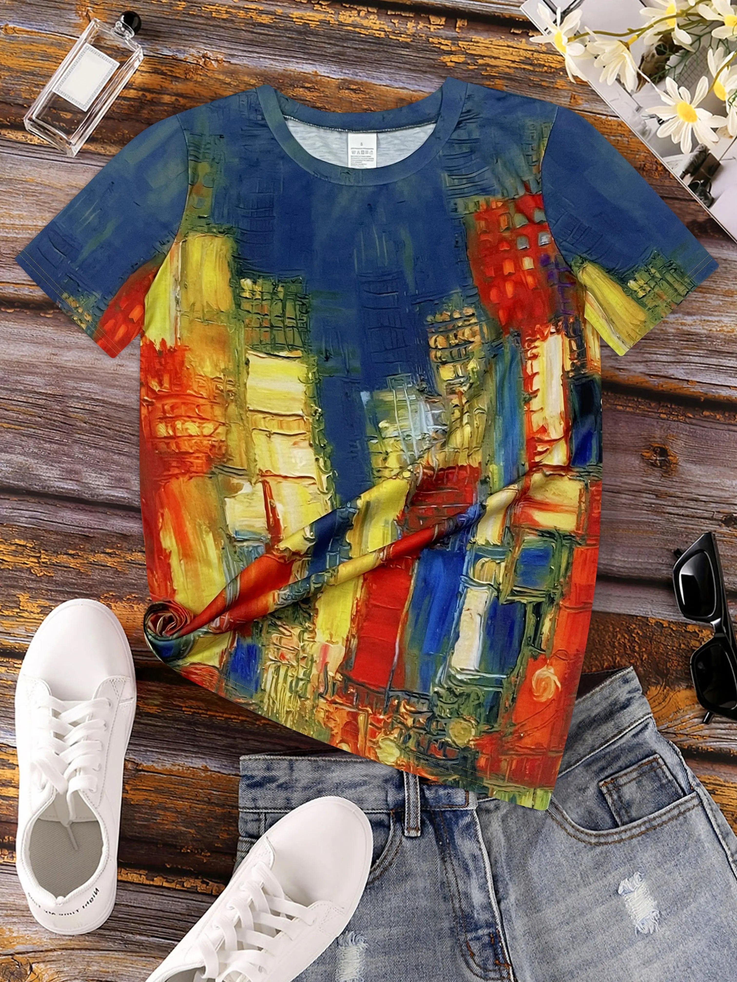 Vibrant Cityscape Women's Tee - Abstract Urban Art Graphic, Colorful Painting Print Design for Casual Daily Wear