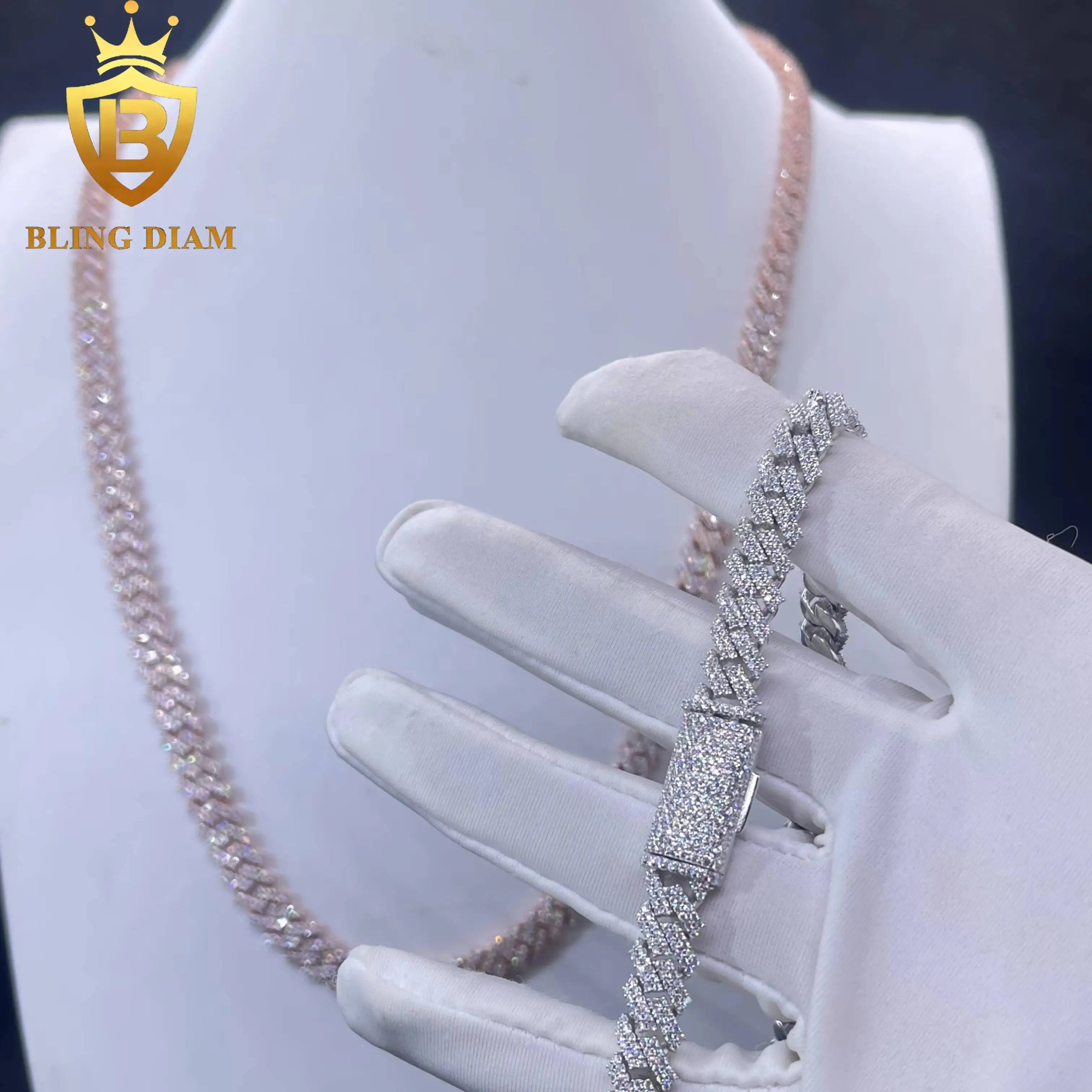 8mm  2 Rows Moissanite Miami Rose Gold Cuban Link Chain 925 Sterling Silver Necklace