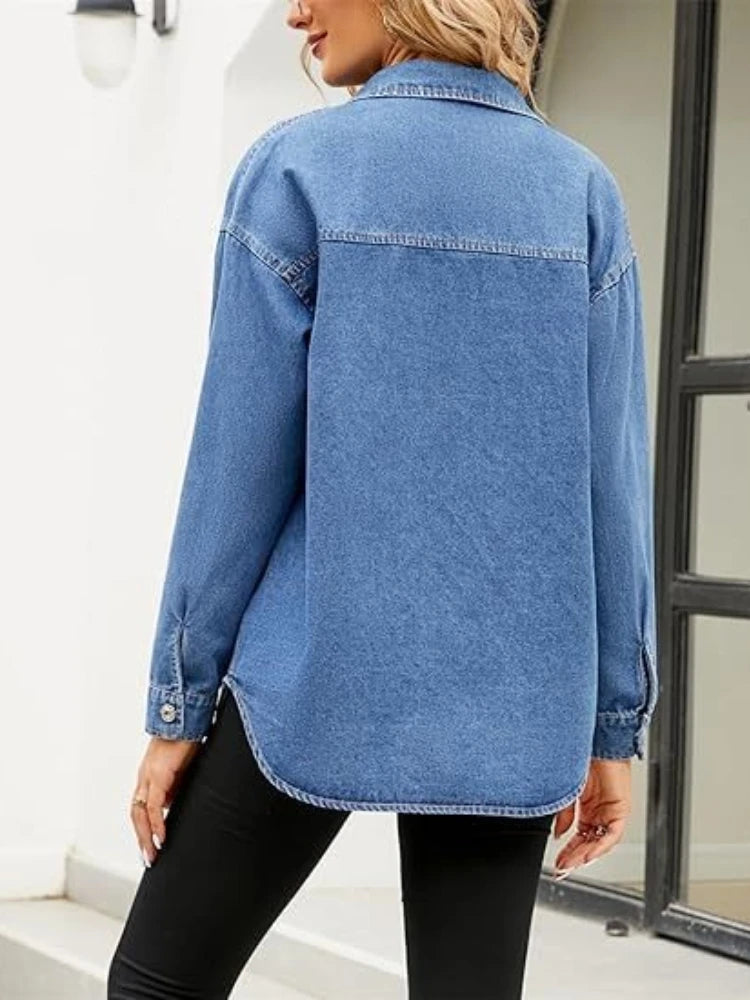New Washed Loose Long-sleeved Denim Shirts for European American Women, Spring and Autumn Fashionable Four-button Shirt Jackets