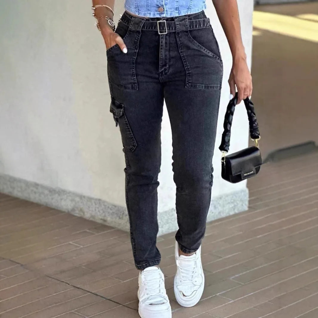 Europe and The United States Foreign Trade New Belt Women's Classic Sexy Tight Small Foot Pants High Spring Washed Cargo Jeans
