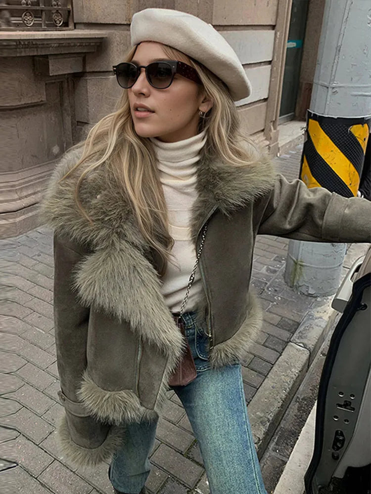 Urban Faux Fur Patchwork Women Thicken Jacket Solid Lapel Long Sleeve Female Outwear 2026 Autumn Winter All-match Lady Outfit