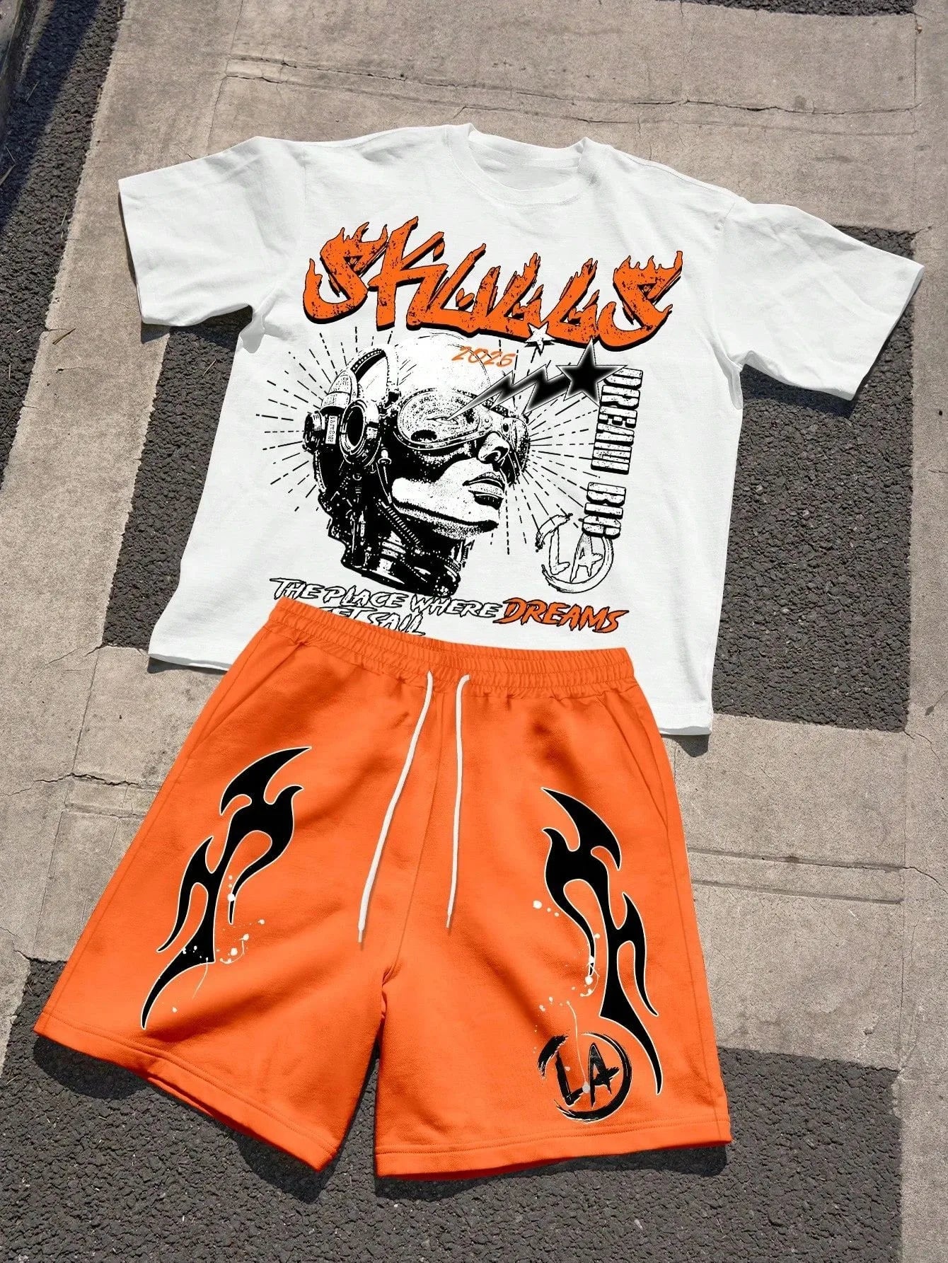 Men's Short-Sleeved Shorts Set with 3D Letter Pattern Printing - Street Casual Fashion Comfortable and Soft