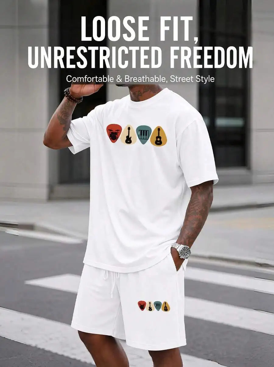 Men S 2 Piece Oversized T-Shirt Shorts Set Musical Instrument Pi Graphic Streetwear Casual Outfit