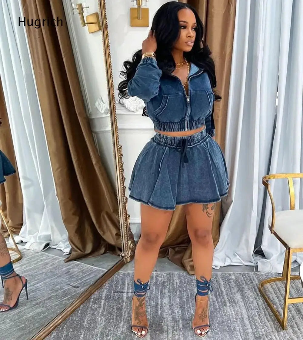 Hooded Long Sleeve Skirt Romper Washed Grey Zip Front Elastic Gathered Waist Drawstring Flared Hem Women Casual Jumpsuit