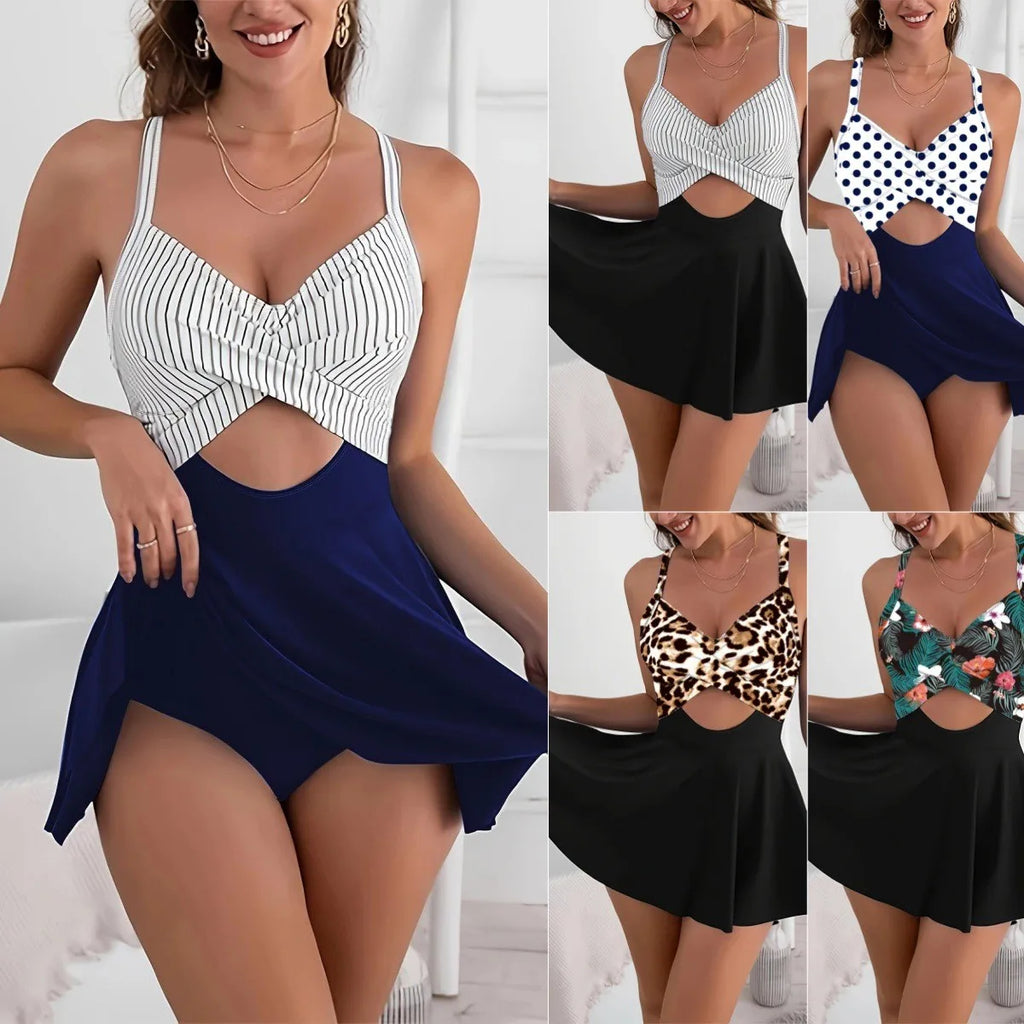 Swimsuit Woman Tankini Cross Front Tankini Top Adjustable Straps V Neckline High Waist Skirt Swim Tankini Set Modest Swimwear