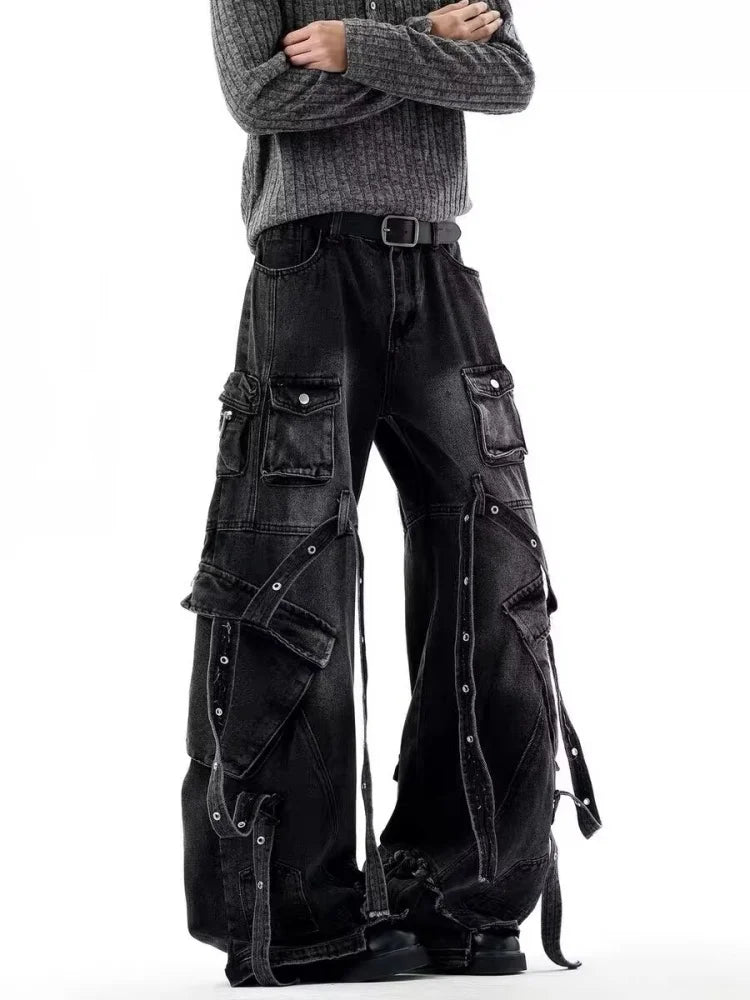 Punk Y2K Style Multi Pockets Washed Black Baggy Cargo Jeans Pants For Men Clothing Wide Leg New Rock Luxury Long Trousers