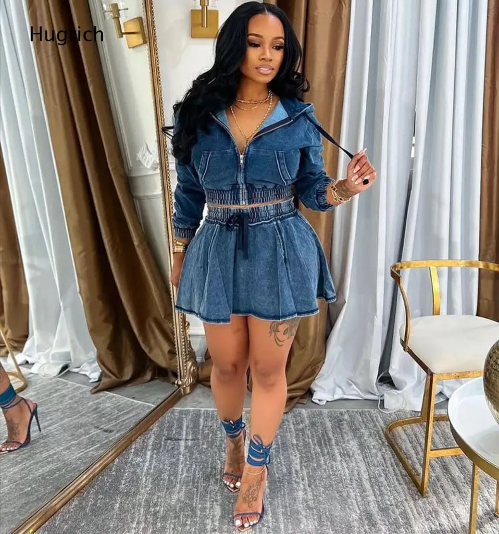 Hooded Long Sleeve Skirt Romper Washed Grey Zip Front Elastic Gathered Waist Drawstring Flared Hem Women Casual Jumpsuit