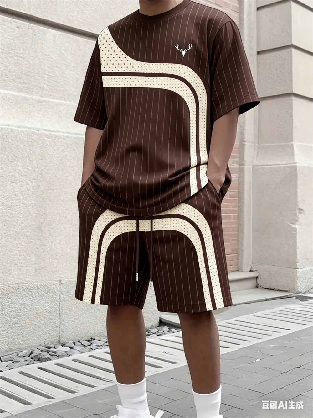 Men's Stripe Print Comfortable Breathable Round Neck T-shirt Shorts Set Outdoor High Street Clothing T-shirt Sets