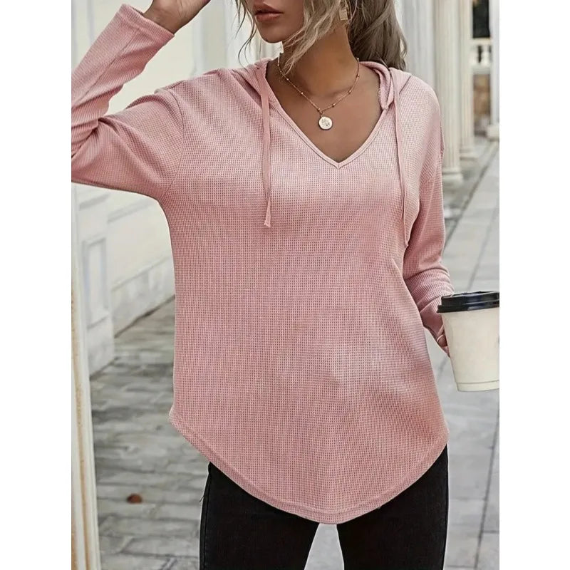 Plus Size 1XL-5XL New Women's V-neck Long Sleeve Hoodie Sweater Women's Drawstring Pullover Top