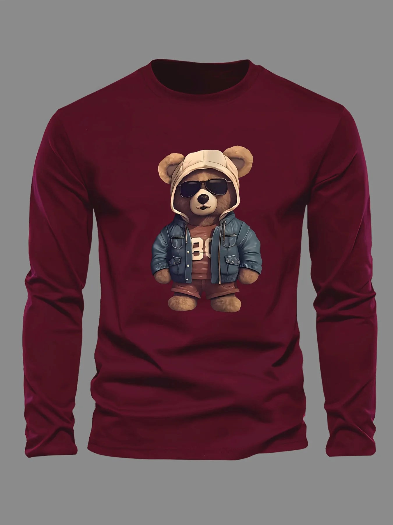 Men's casual long sleeved round neck loose bear pattern printed autumn and winter T-shirt top versatile