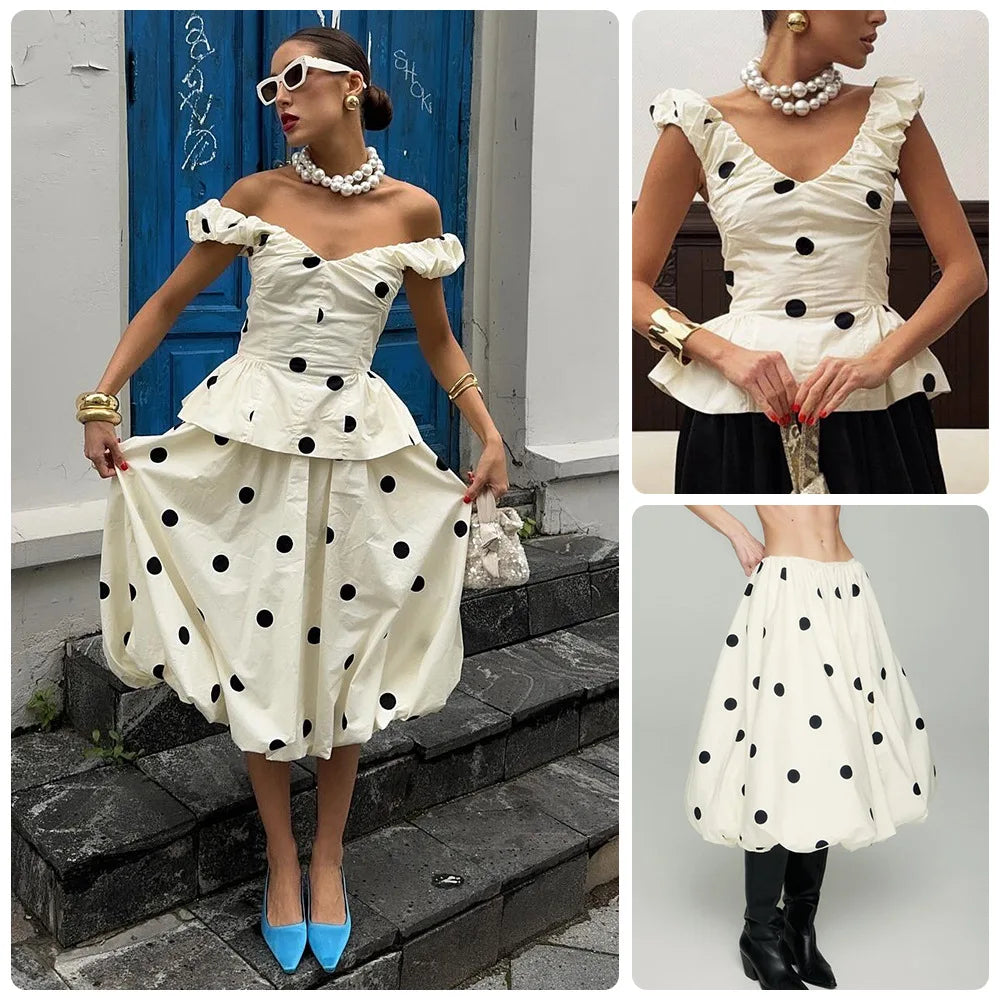 Women 2 Piece Polka Dot Dress Set French Vintage V Neck Ruffle Peplum Top High Waist Flare Midi Skirt Elegant Party Outfits