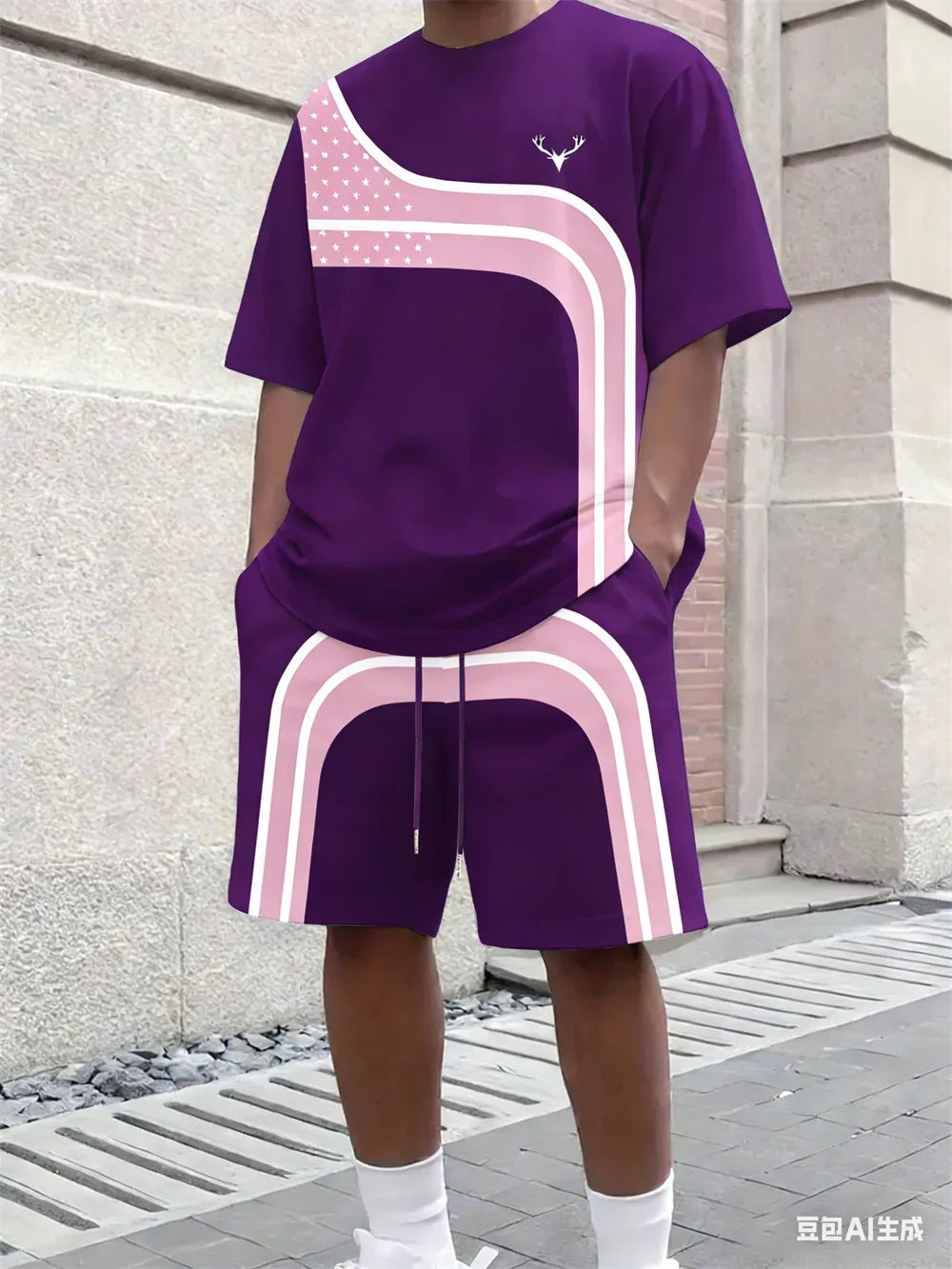Men's Stripe Print Comfortable Breathable Round Neck T-shirt Shorts Set Outdoor High Street Clothing T-shirt Sets