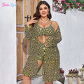 Plus Size three Piece Swimsuit Set Geometric Print Drawstring Cami Top Long Sleeve Cover Up Beach Bathing Suit