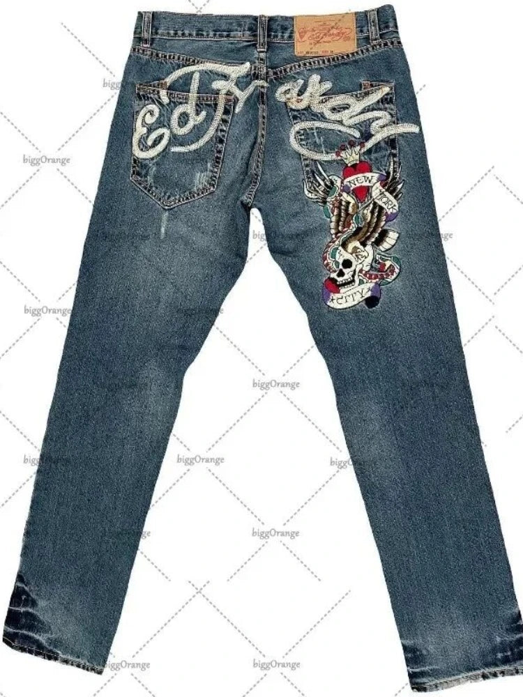 Straight Leg Denim Pants Skull Rose Flame
