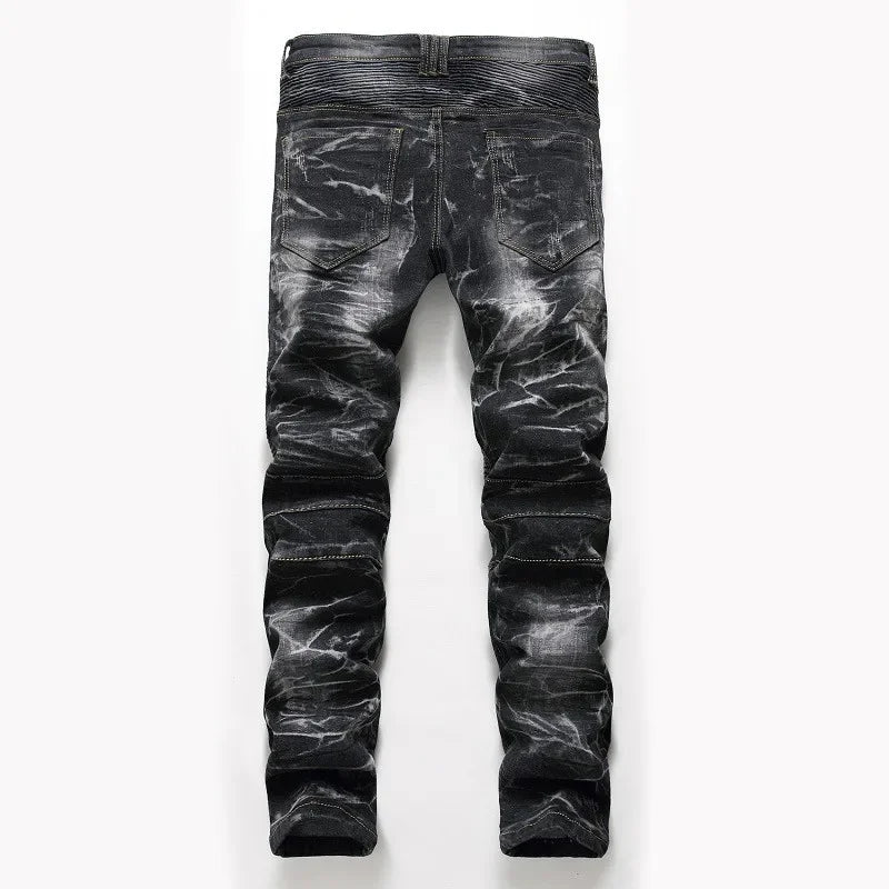 Men's New Style High Street Motorcycle Fashion Stretch Slim Straight Denim Trousers Male