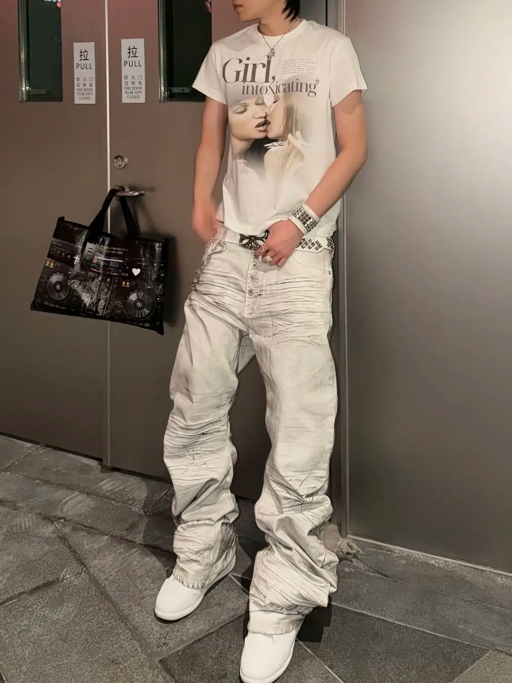 Men's Stacking Effect Casual Pants Dirty White Streetwear Boy Bottom Wide-leg Trousers High Waist Sweatpants Male Long Pants
