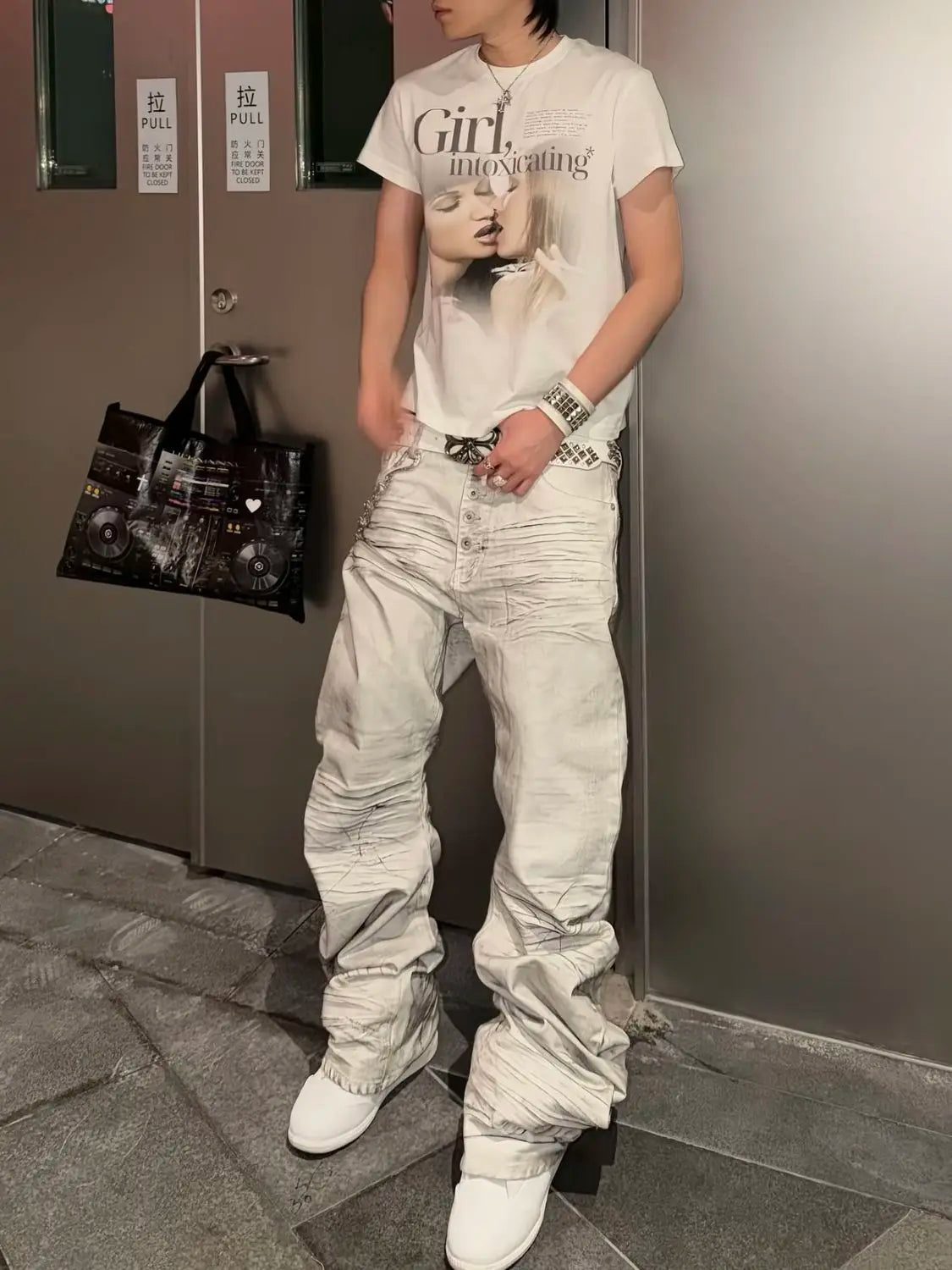 Men's Stacking Effect Casual Pants Dirty White Streetwear Boy Bottom Wide-leg Trousers High Waist Sweatpants Male Long Pants
