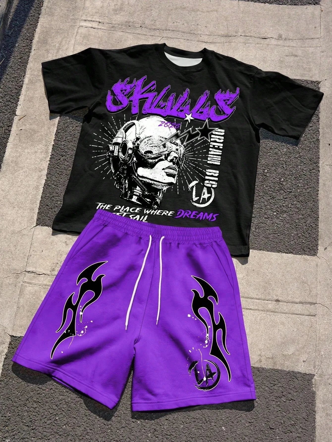 Men's Short-Sleeved Shorts Set with 3D Letter Pattern Printing - Street Casual Fashion Comfortable and Soft