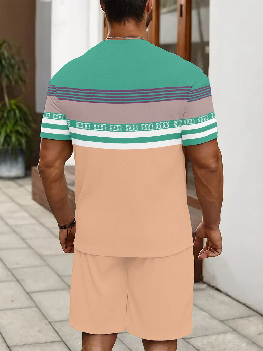 Men's Short-Sleeved Shorts Set - Street Casual Fashion Comfortable Soft Breathable 3D Stripes Pattern Print