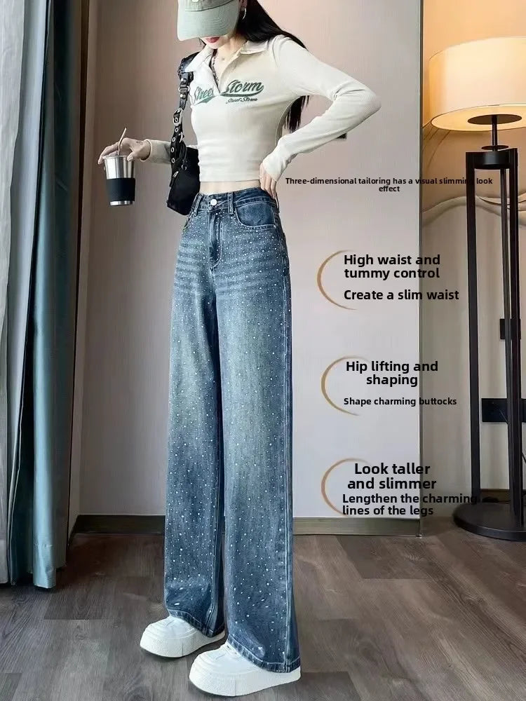 Autumn Women's Clothing Rhinestone Pendant Design High Waist Wash Jeans Women's Loose Slimming Straight-Leg Pants