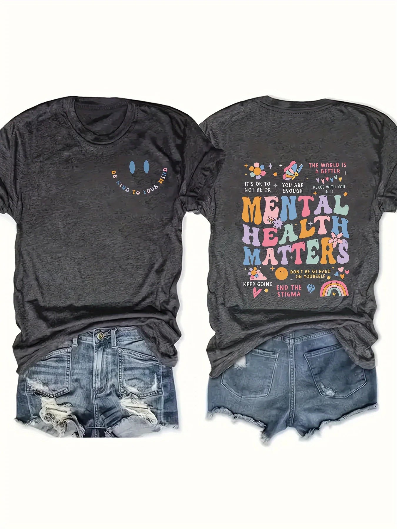 Mental Health Matters Women's Tee - Positive Graphic, Casual Black Oversized Top