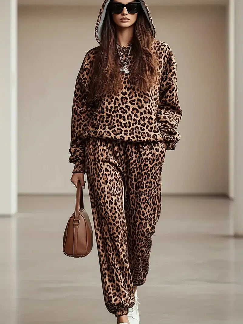 Casual Leopard Print Two-Piece Set Long Sleeve Cuffed Pants Fashionable Autumn Spring Collection Street Style Polyester