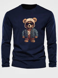 Men's casual long sleeved round neck loose bear pattern printed autumn and winter T-shirt top versatile