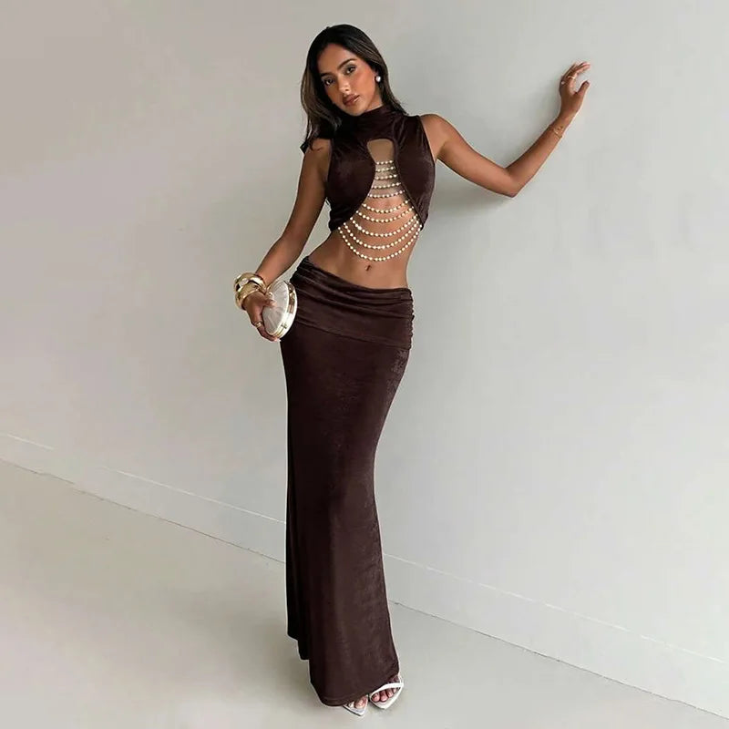 Elegant Banquet 2 Piece Set Women Sexy Bead Patchwork Turtleneck Tank Top+Ruched Mesh Hem Skirts Chic Party Clubwear